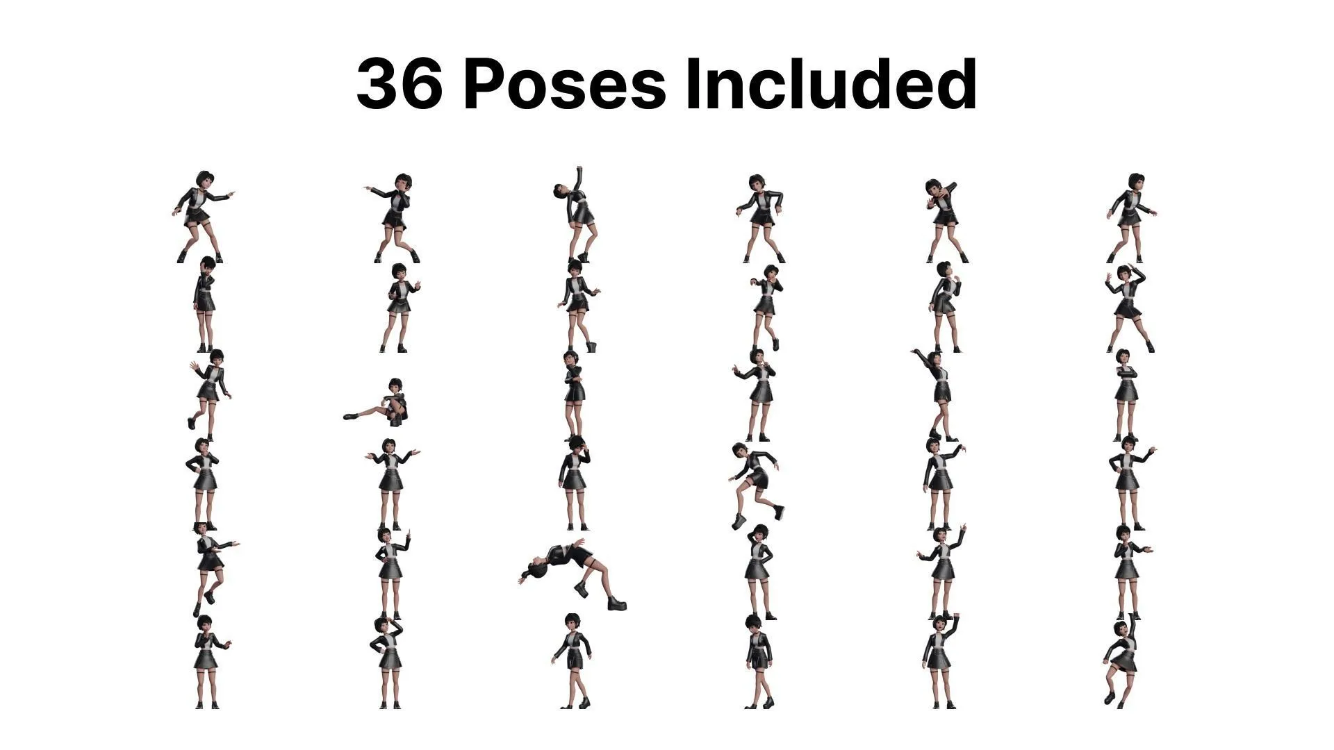 36 poses predefinidas para el modelo 3D de chica emo goth k-pop caricatura